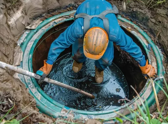Facharbeiter bei der Rohrreinigung in Wermelskirchen reinigt einen Abwasserschacht mit Spezialausrüstung