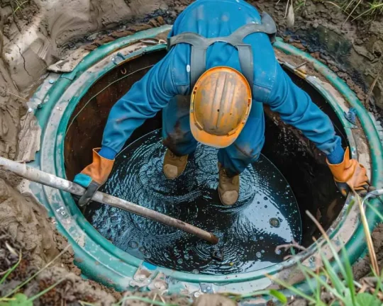 Facharbeiter bei der Rohrreinigung in Wermelskirchen reinigt einen Abwasserschacht mit Spezialausrüstung