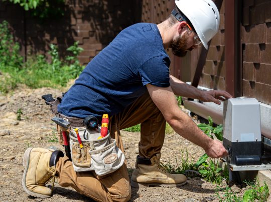 Electrician Builder at work, servicing the fuselage industrial switchboard. Professional in overalls with an electrician's tool.
