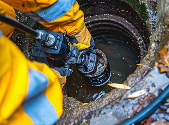 A plumbing service inspects a clogged drain using a camera and clears it.
