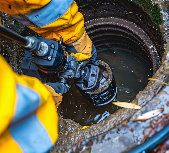 A plumbing service inspects a clogged drain using a camera and clears it.