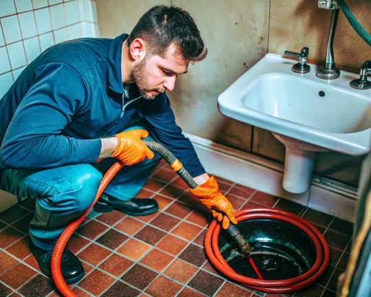 Technician Unclogging Drain with Snake or Plunger