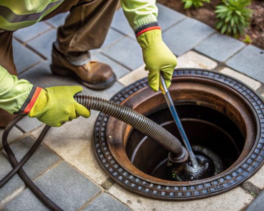 Technician Unclogging Drain with Snake or Plunger