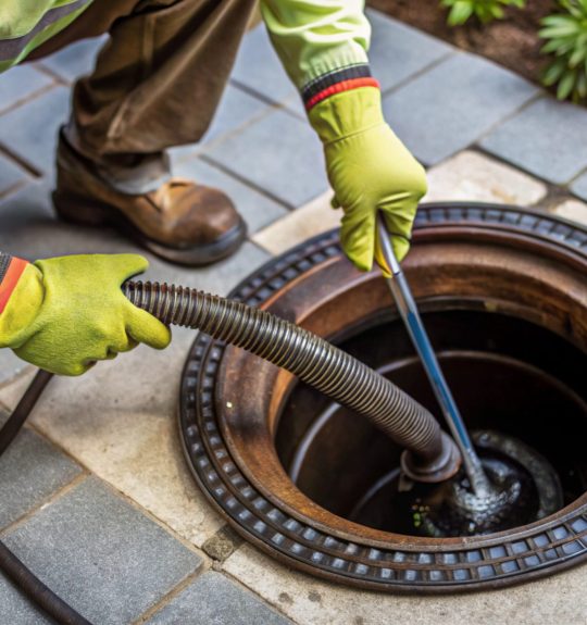 Technician Unclogging Drain with Snake or Plunger