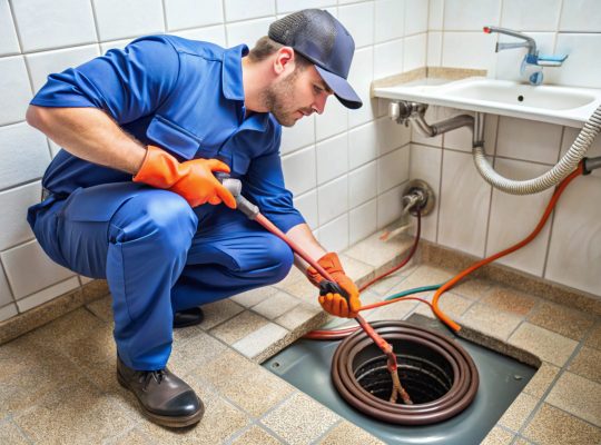 Technician Unclogging Drain with Snake or Plunger