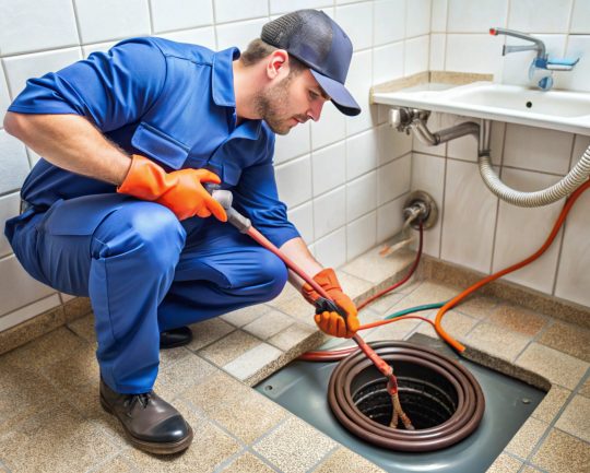 Technician Unclogging Drain with Snake or Plunger