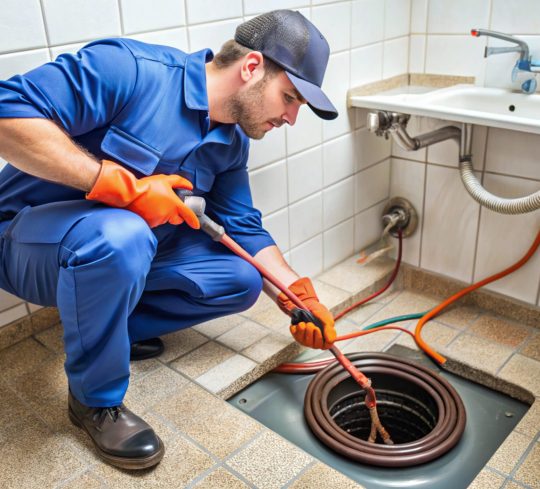 Technician Unclogging Drain with Snake or Plunger