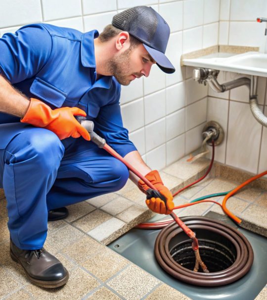 Technician Unclogging Drain with Snake or Plunger