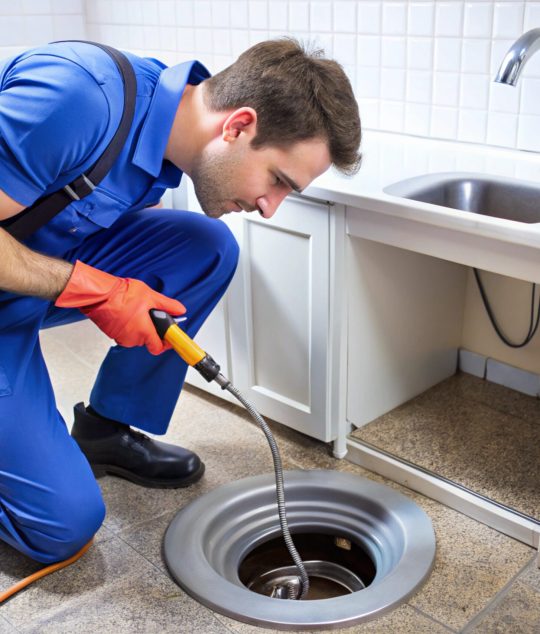 Technician Unclogging Drain with Snake or Plunger