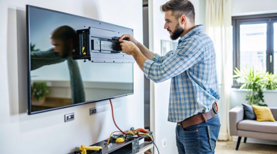Television Repair Technician Adjusting Wall-Mounted Flat-Screen TV in Living Room
